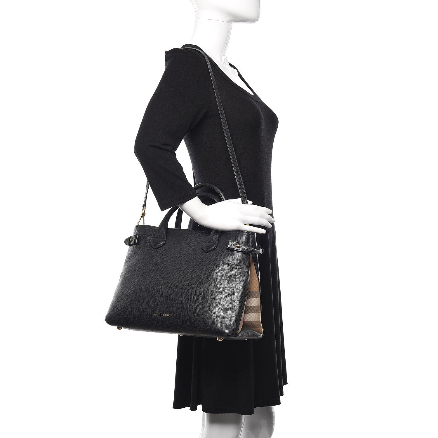 Burberry Grainy Calfskin House Check Medium Banner Tote Black 3 of 16