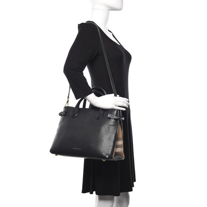 Burberry Grainy Calfskin House Check Medium Banner Tote Black 3 of 16