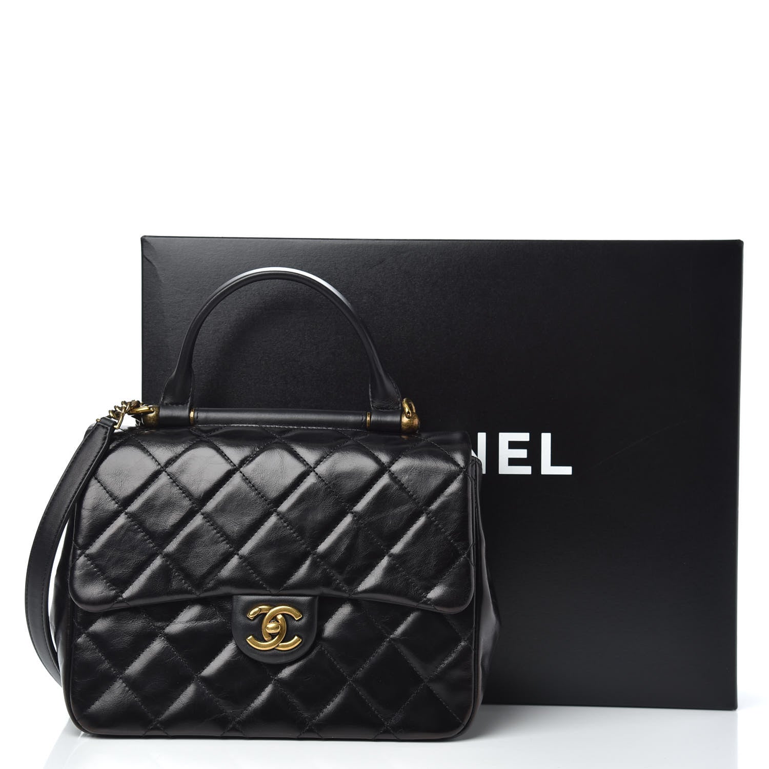 Chanel Glazed Calfskin Quilted Medium Gold Bar Top Handle Flap Black 12 of 12