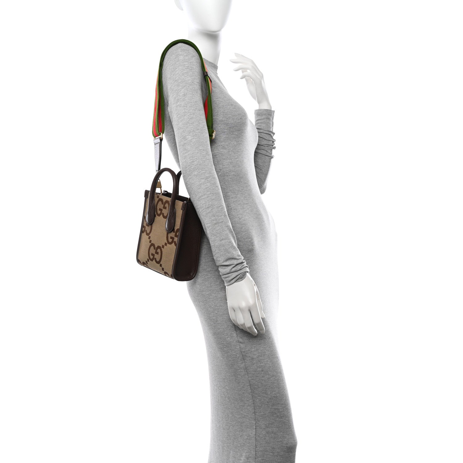 Gucci Monogram Jumbo GG Textured Dollar Calfskin Web Mini Vertical Tote Camel Ebony New Acero 2 of 9