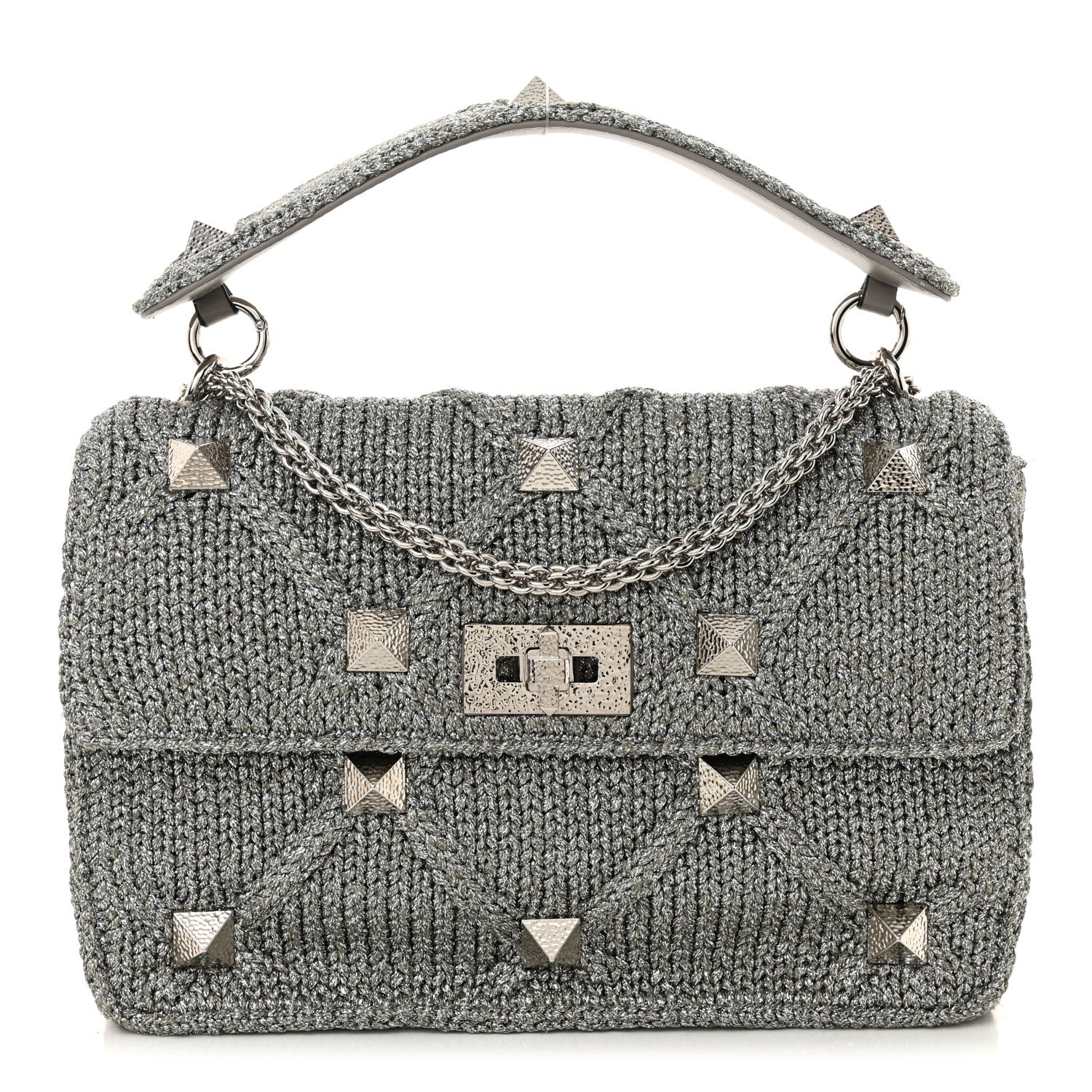 Valentino Garavani Metallic Lurex Knit Large Roman Stud Shoulder Bag Silver 1 of 11