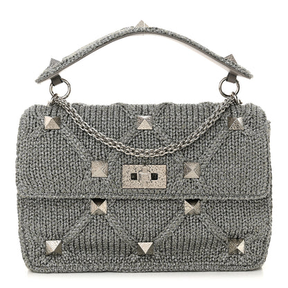 Valentino Garavani Metallic Lurex Knit Large Roman Stud Shoulder Bag Silver 1 of 11