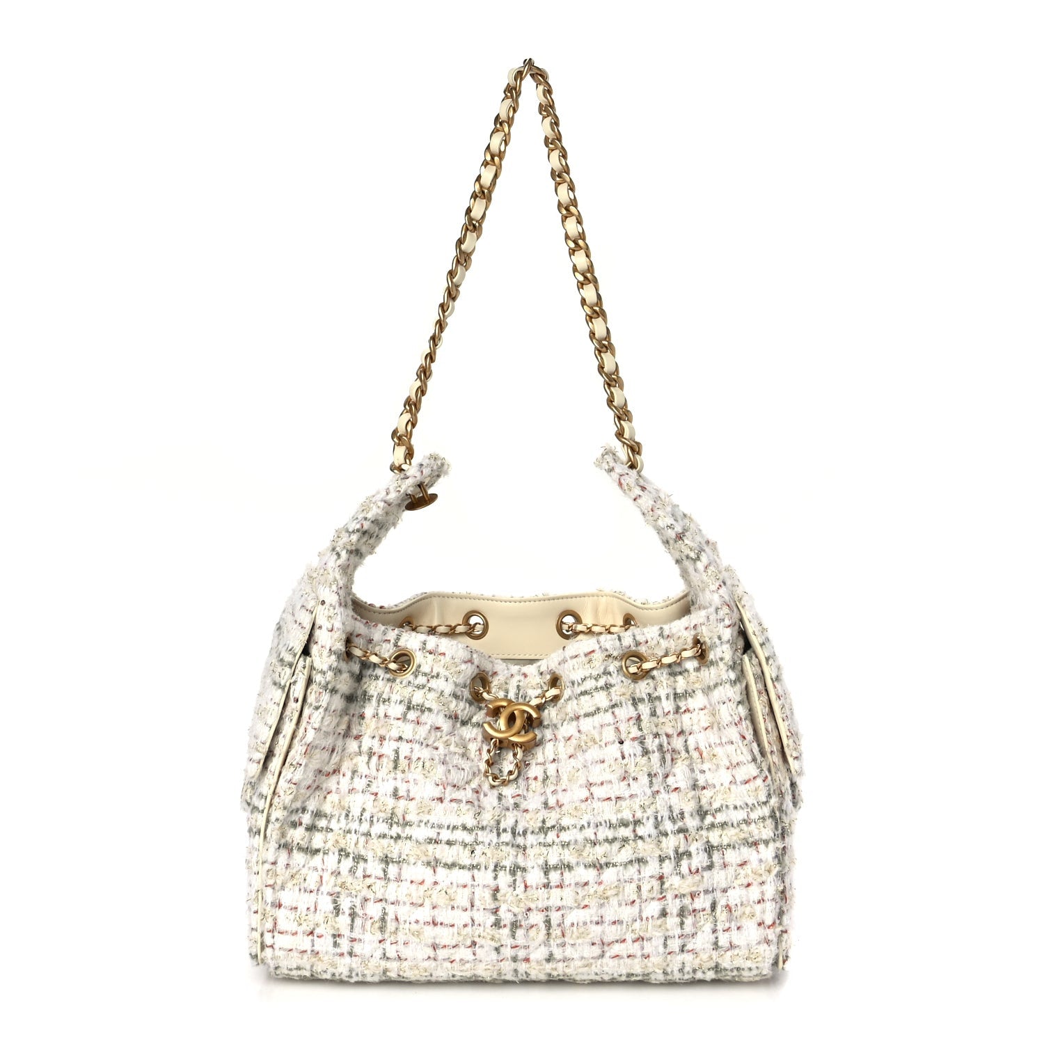 Chanel Tweed Quilted Small  25 Handbag Ecru Khaki Gold Red 1 of 9