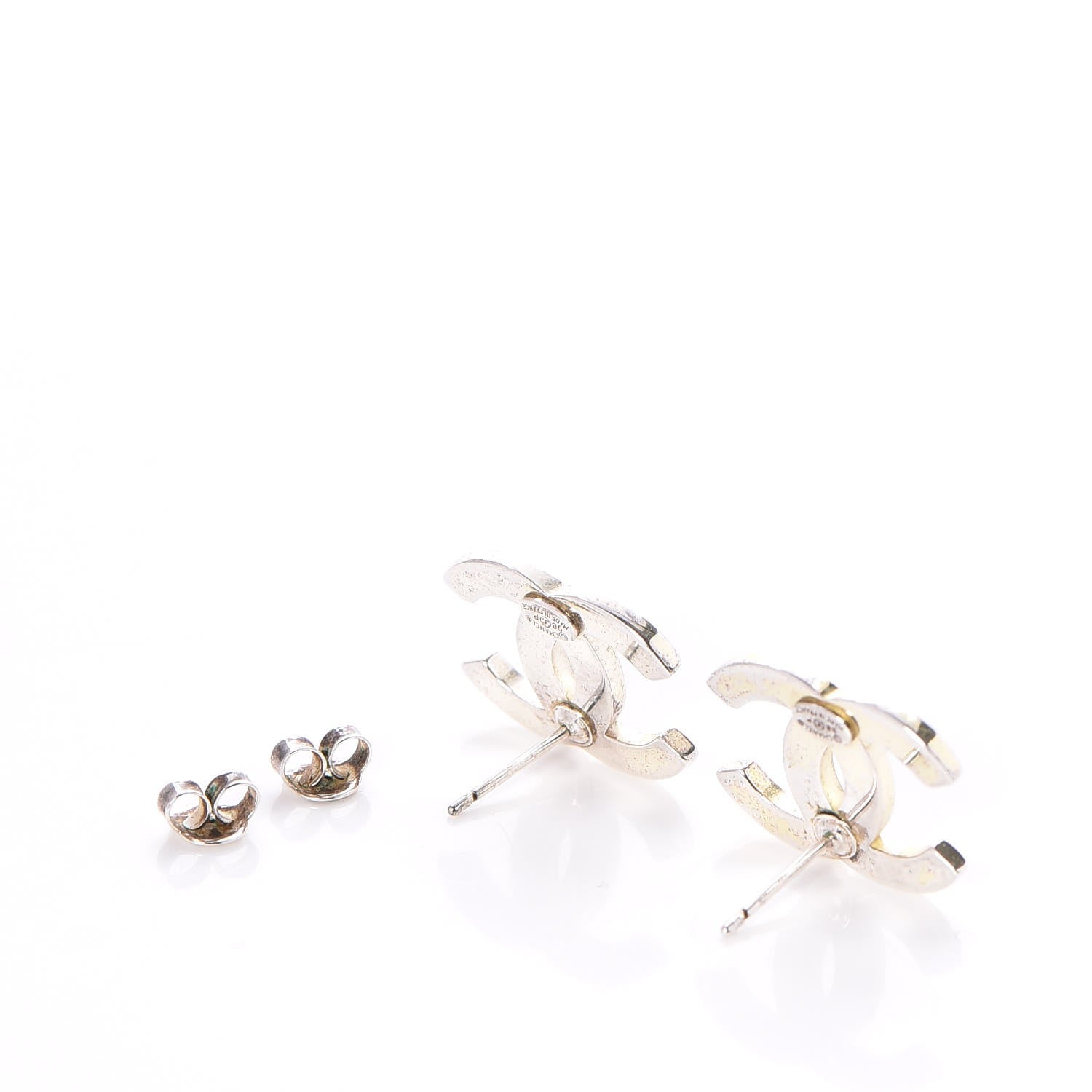 Chanel Metal CC Engraved Stud Earrings Silver 3 of 5