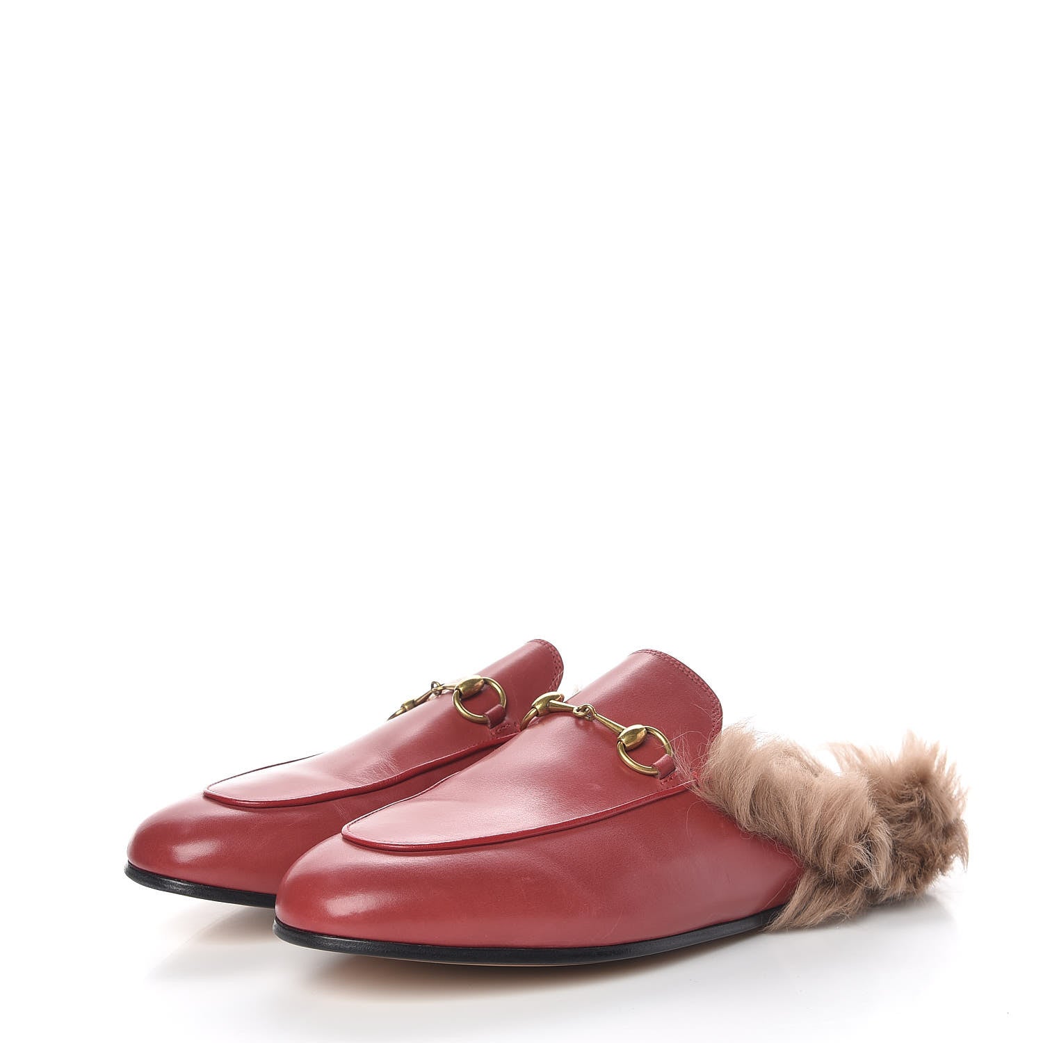 Gucci Betis Glamour Calfskin Fur Womens Princetown Slippers 39.5 Hibiscus Red Naturale 3 of 9