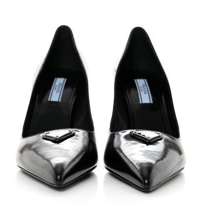 Prada Spazzolato Metal Triangle Logo Pointed Toe Pumps 37 Black 2 of 7