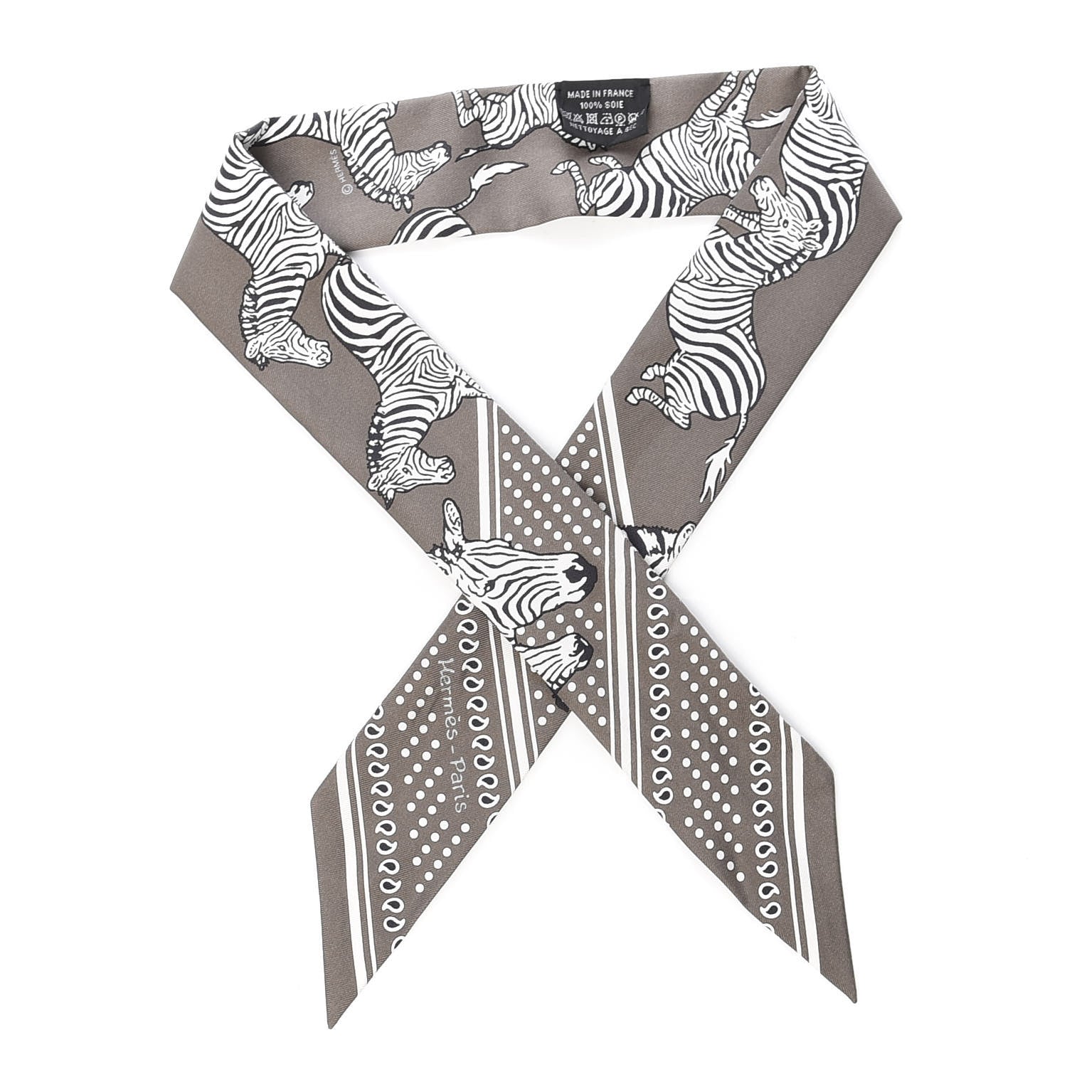 Hermes Silk Les Zebres Twilly Gris Taupe Black White 1 of 4