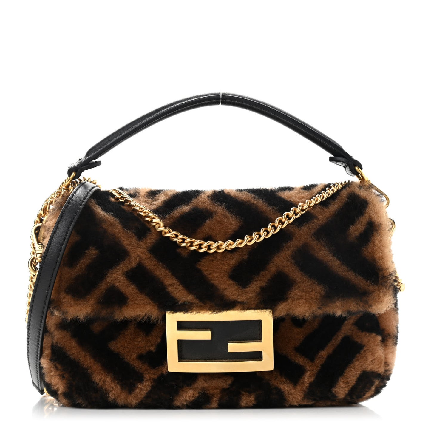 Shearling Vitello Dolce Macro FF 1974 Mini Baguette Tobacco Black