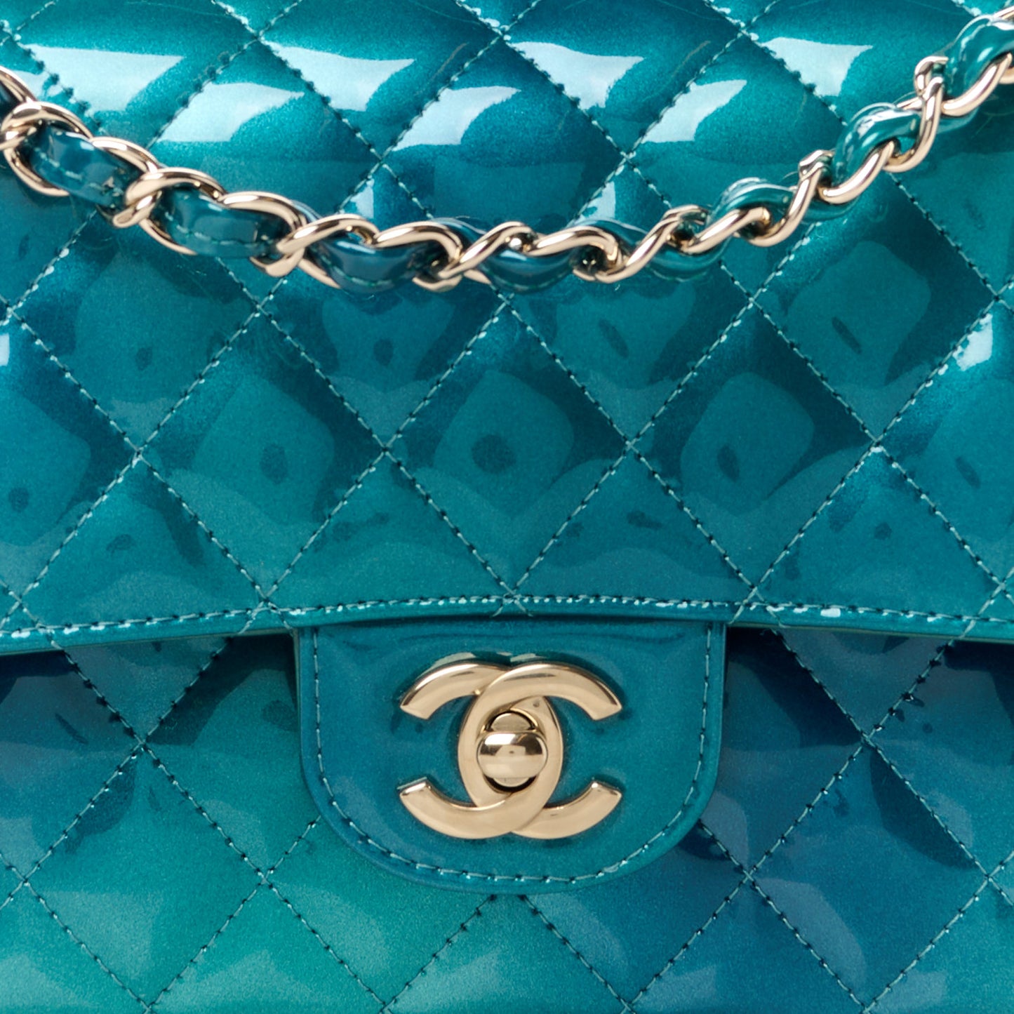 Shaded Patent Calfskin Quilted Medium Double Flap Green Blue