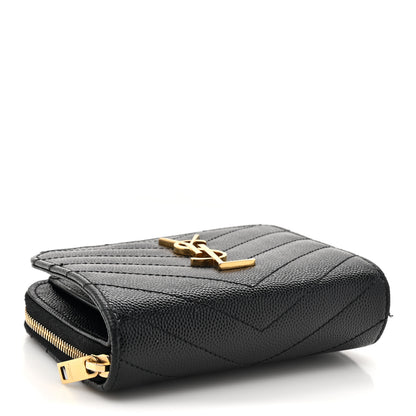 Saint Laurent Grain De Poudre Matelasse Chevron Monogram Compact Zip Around Wallet Black 4 of 11