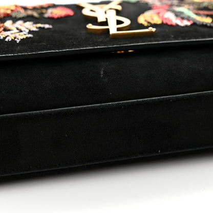 Saint Laurent Suede Embroidered Birds Monogram Chain Wallet Black 15 of 17