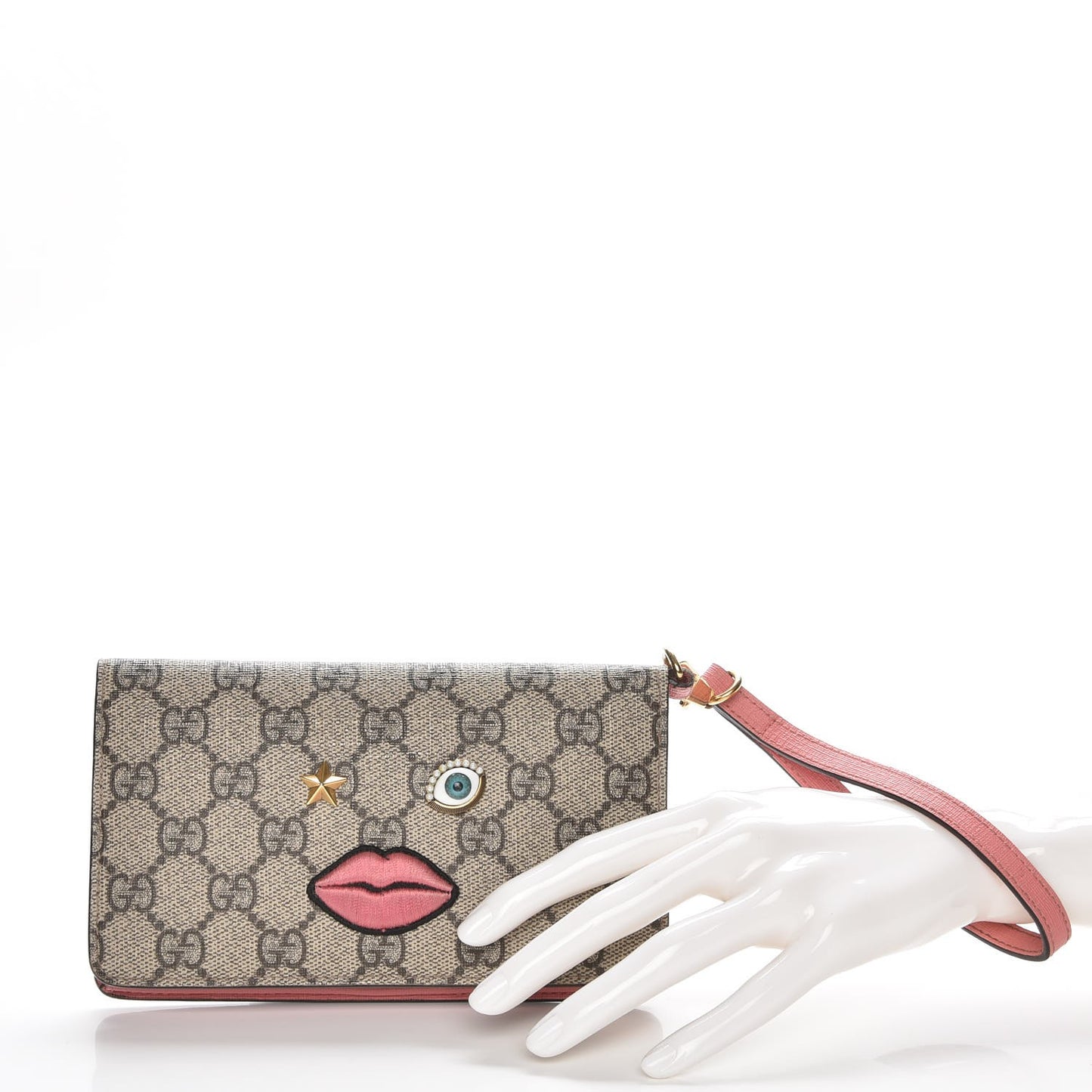 GG Supreme Monogram Embroidered Face iPhone 6 Case Wristlet Pink