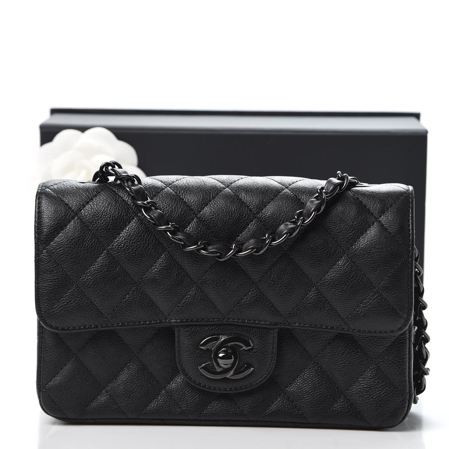 Crumpled Calfskin Quilted Mini Rectangular Flap So Black