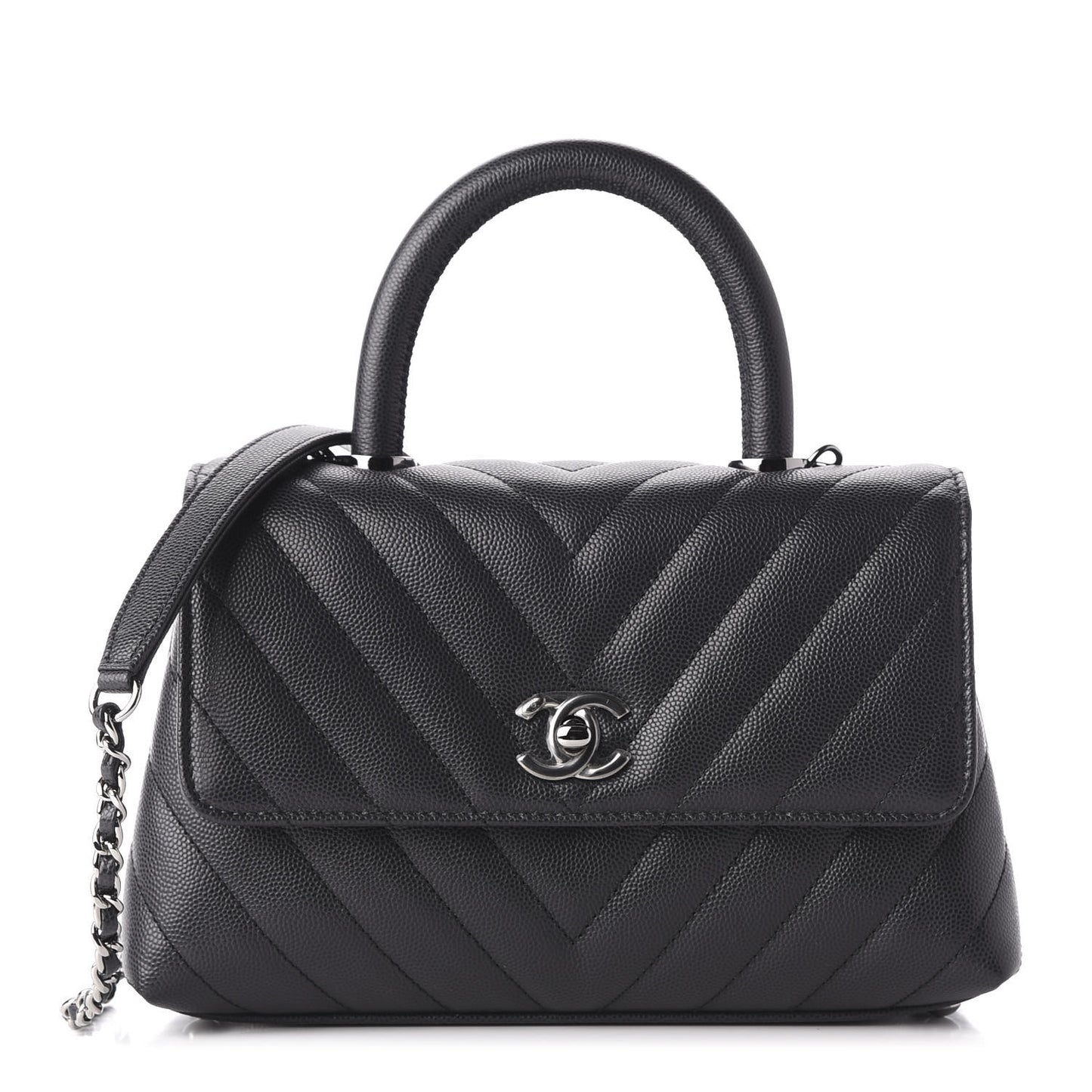 Caviar Chevron Quilted Mini Coco Handle Flap Dark Grey