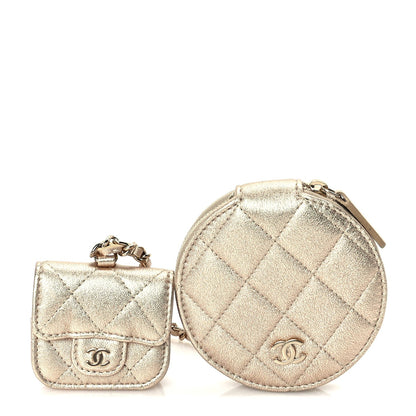 Chanel Metallic Lambskin Quilted Round Clip On Coin Purse Airpods Case  Gold 1 of 9