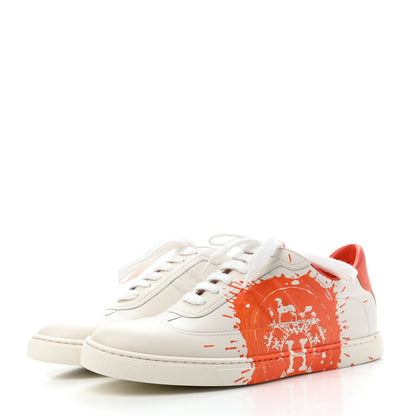 Hermes Swift Printed Peinture Fraiche Quicker Sneakers 37.5 White Orange 3 of 4