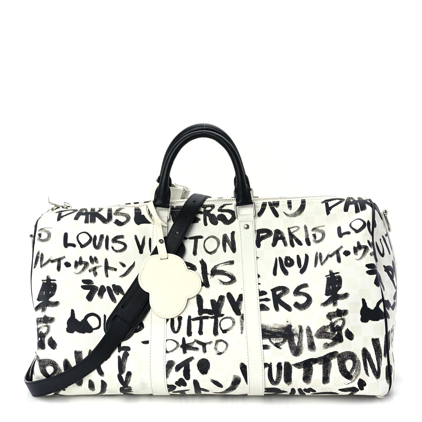 Calfskin Damier Scribble Keepall Bandouliere 50  Black White