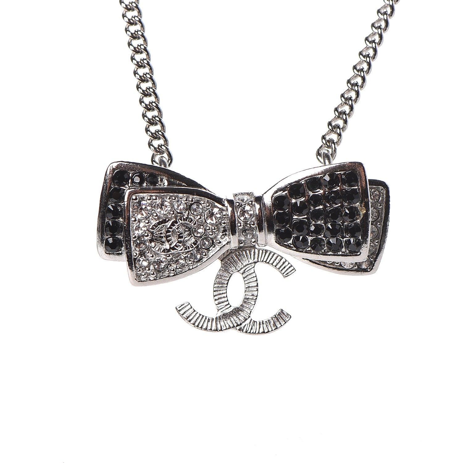 Chanel Crystal CC Bow Necklace Silver Black 4 of 6