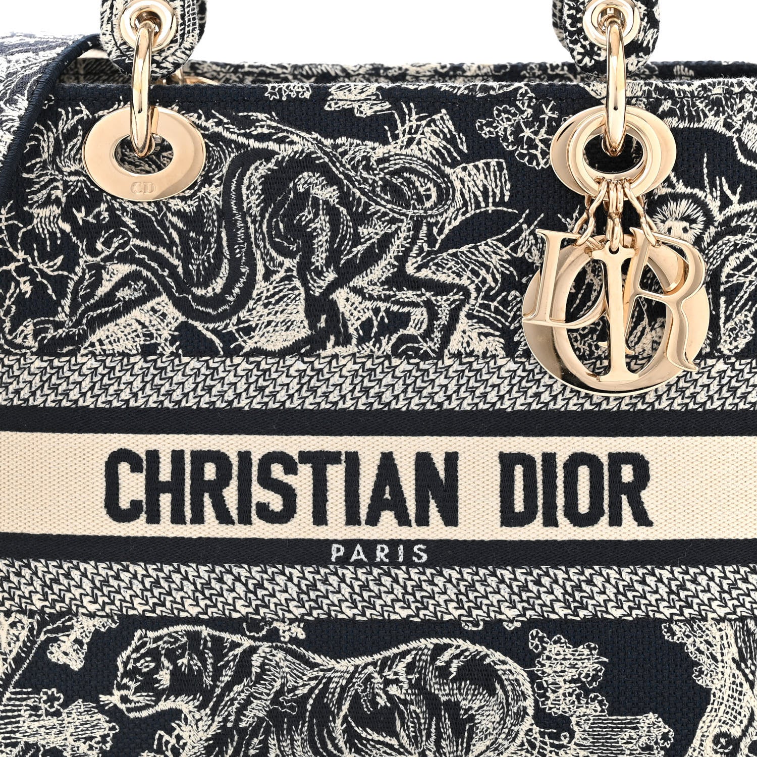 Christian Dior Canvas Toile De Jouy Reverse Embroidered Medium Lady D-Lite Navy 8 of 11