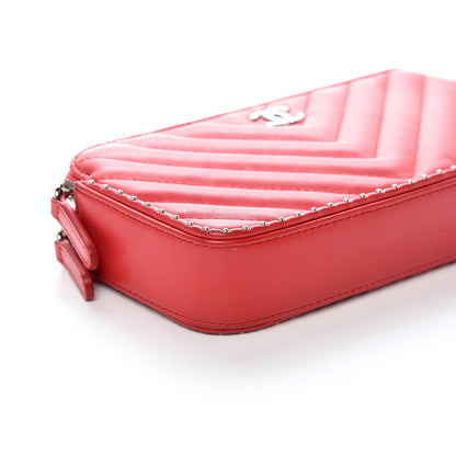 Chanel Lambskin Chevron Quilted Studded Small Clutch With Chain Red 15 of 16