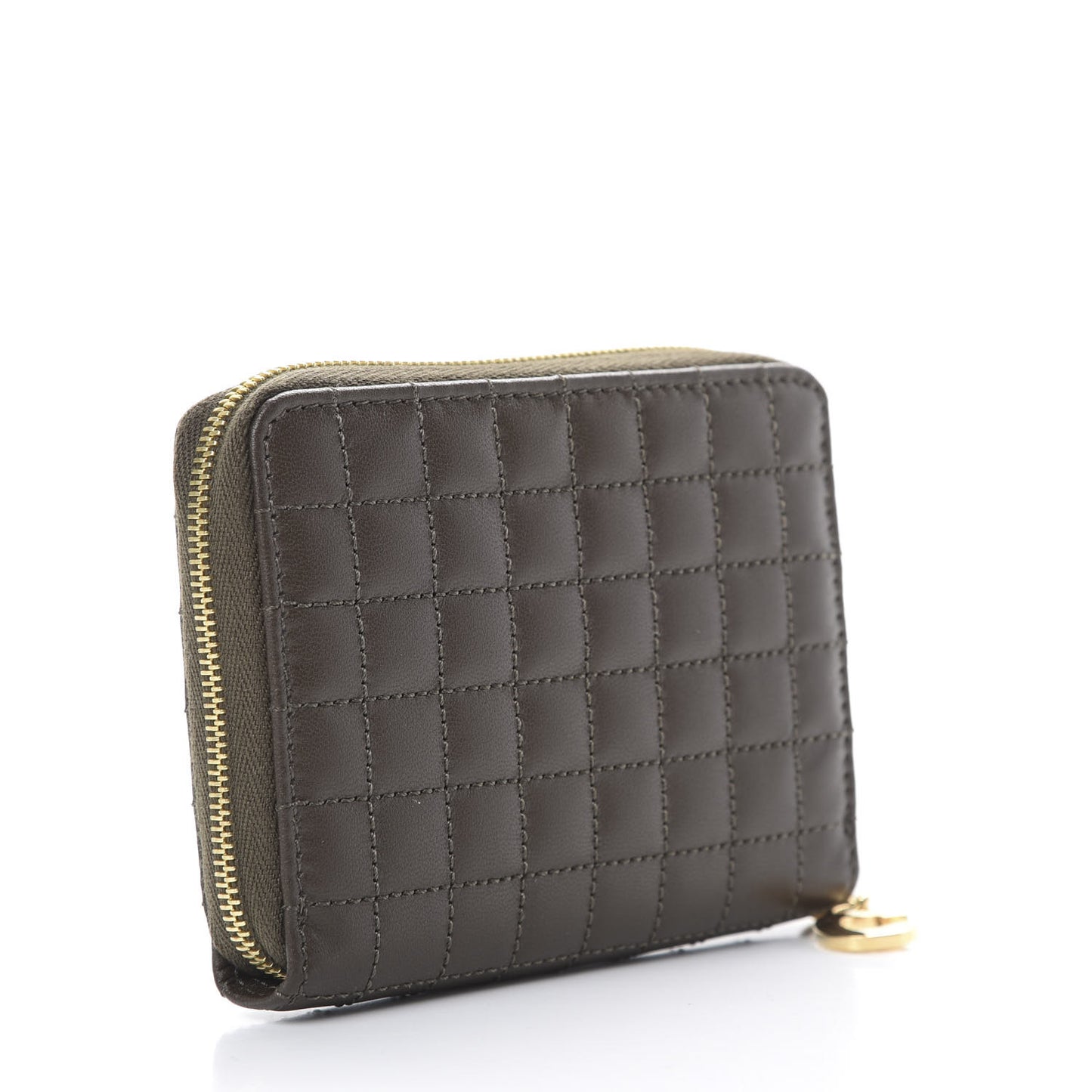 Lambskin Quilted C Charm Zip Around Wallet Khaki