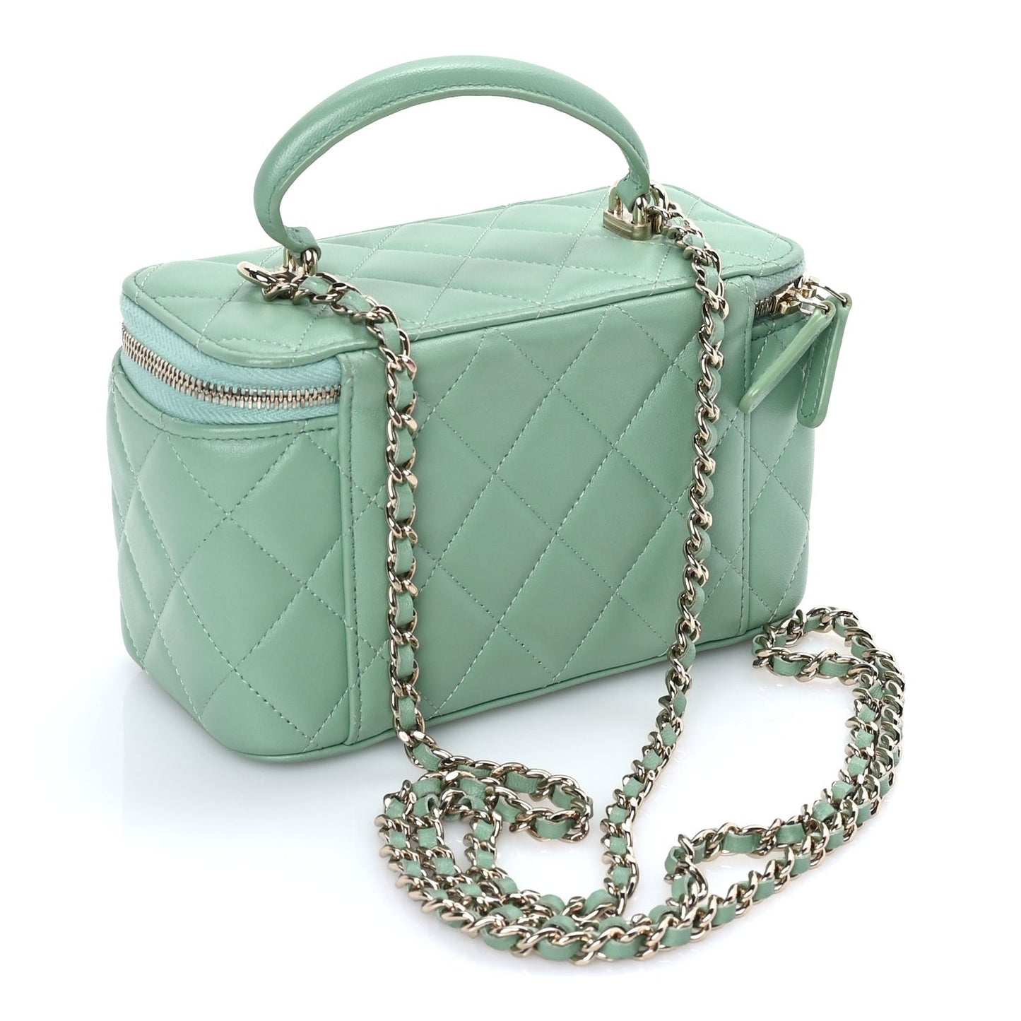 Lambskin Quilted Small Top Handle Vanity Case With Chain Light Green Light Green