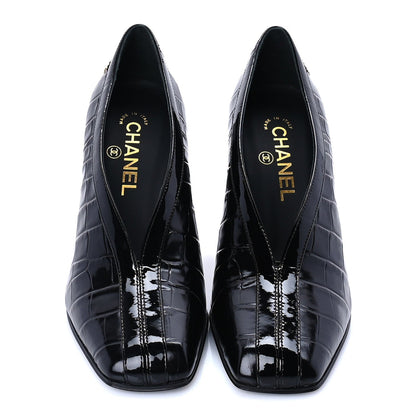 Chanel Crocodile Embossed Patent Calfskin Pumps 37 Black 3 of 8