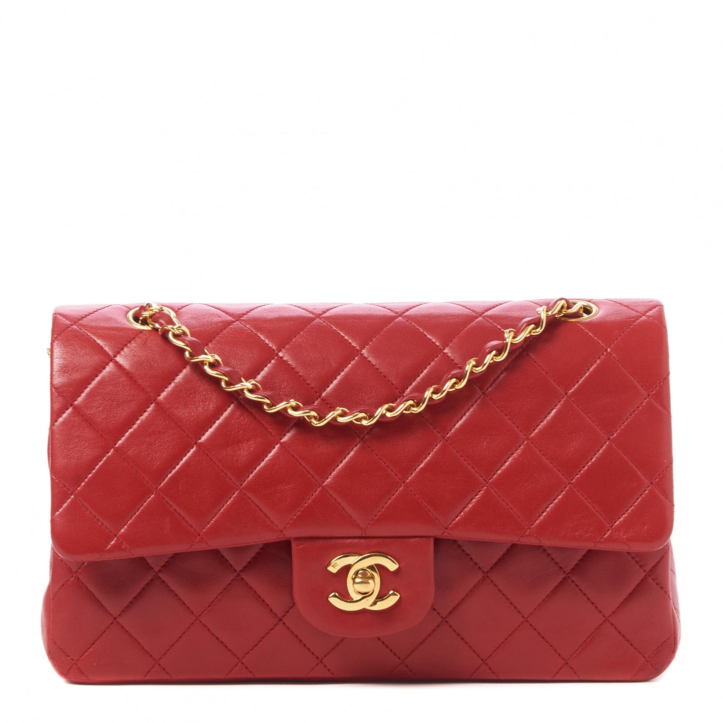 Lambskin Quilted Medium Double Flap Red