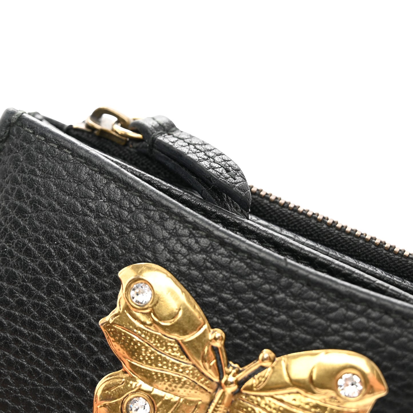 Pebbled Calfskin Butterfly Card Case Wallet Black