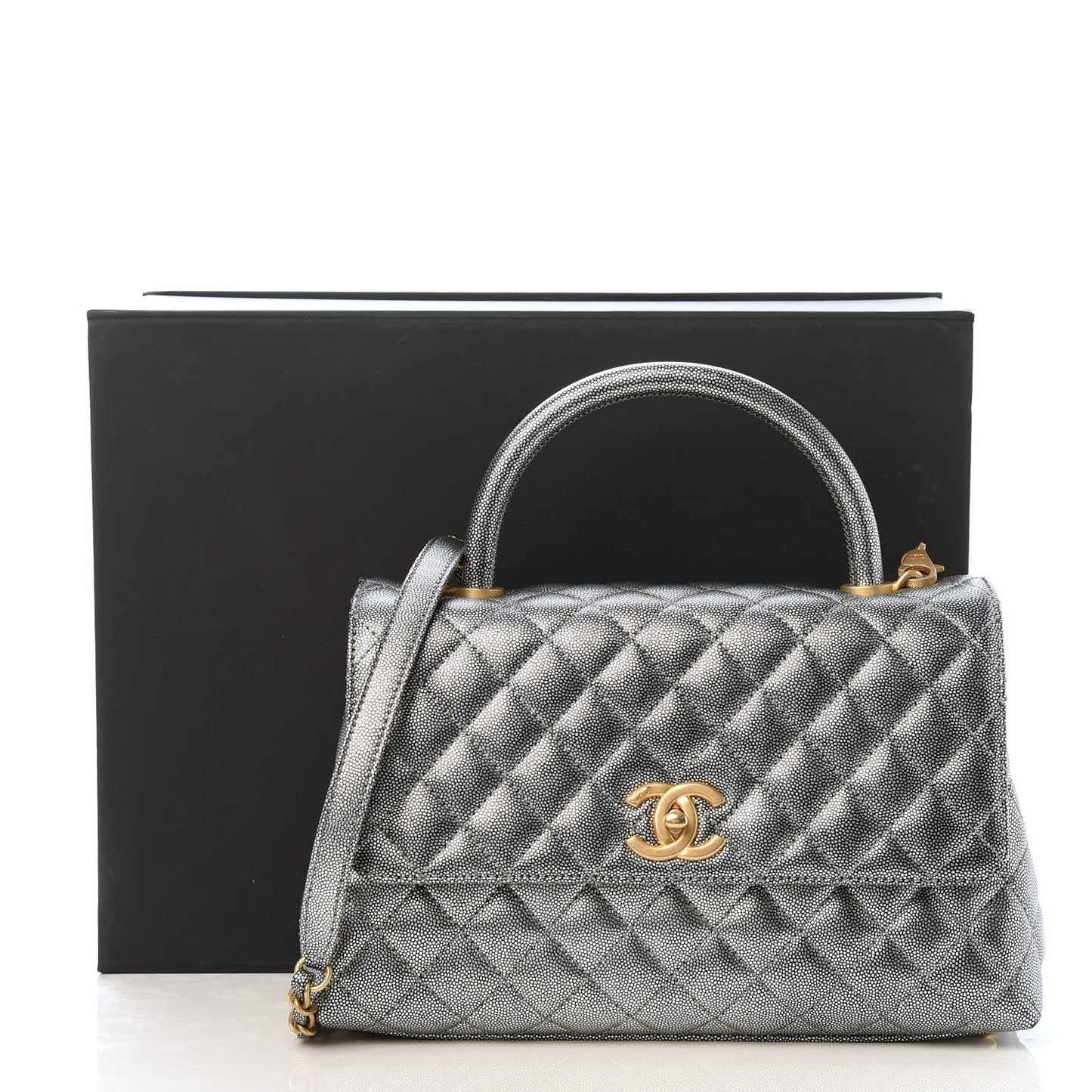 Metallic Caviar Quilted Small Coco Handle Flap Silver