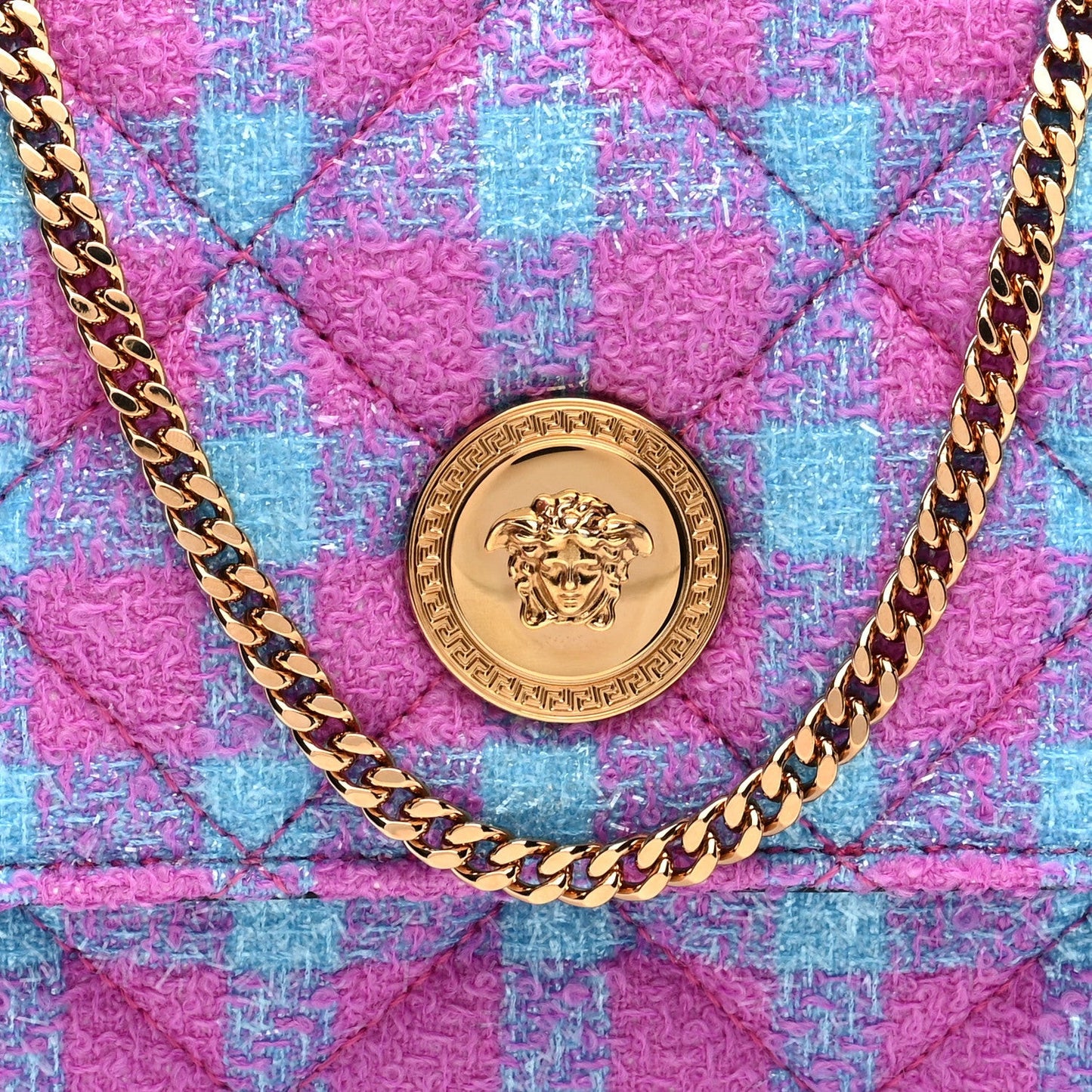 Tweed Quilted Medusa Wallet on Chain Crossbody Pink Blue