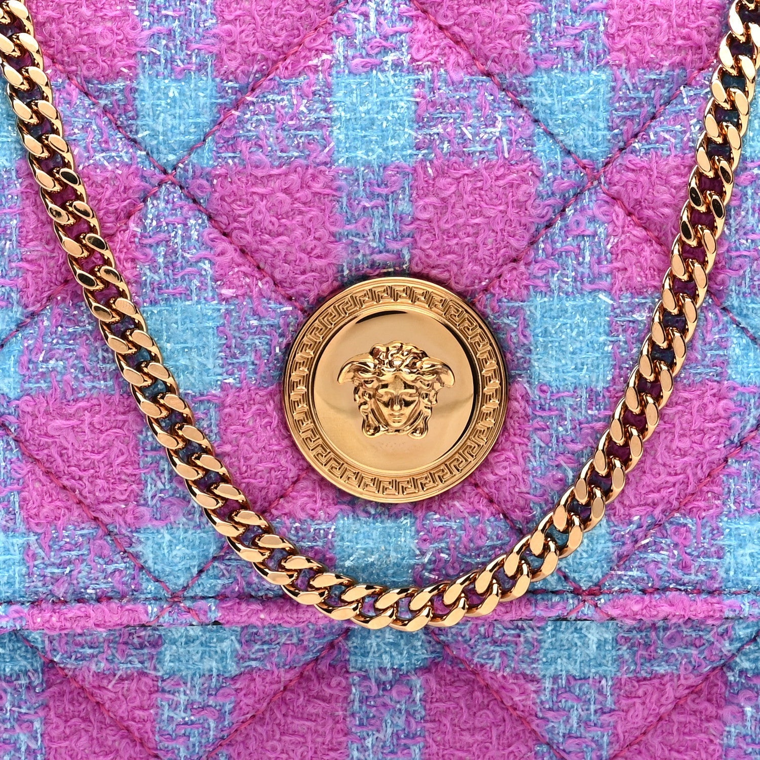 Versace Tweed Quilted Medusa Wallet on Chain Crossbody Pink Blue 7 of 7