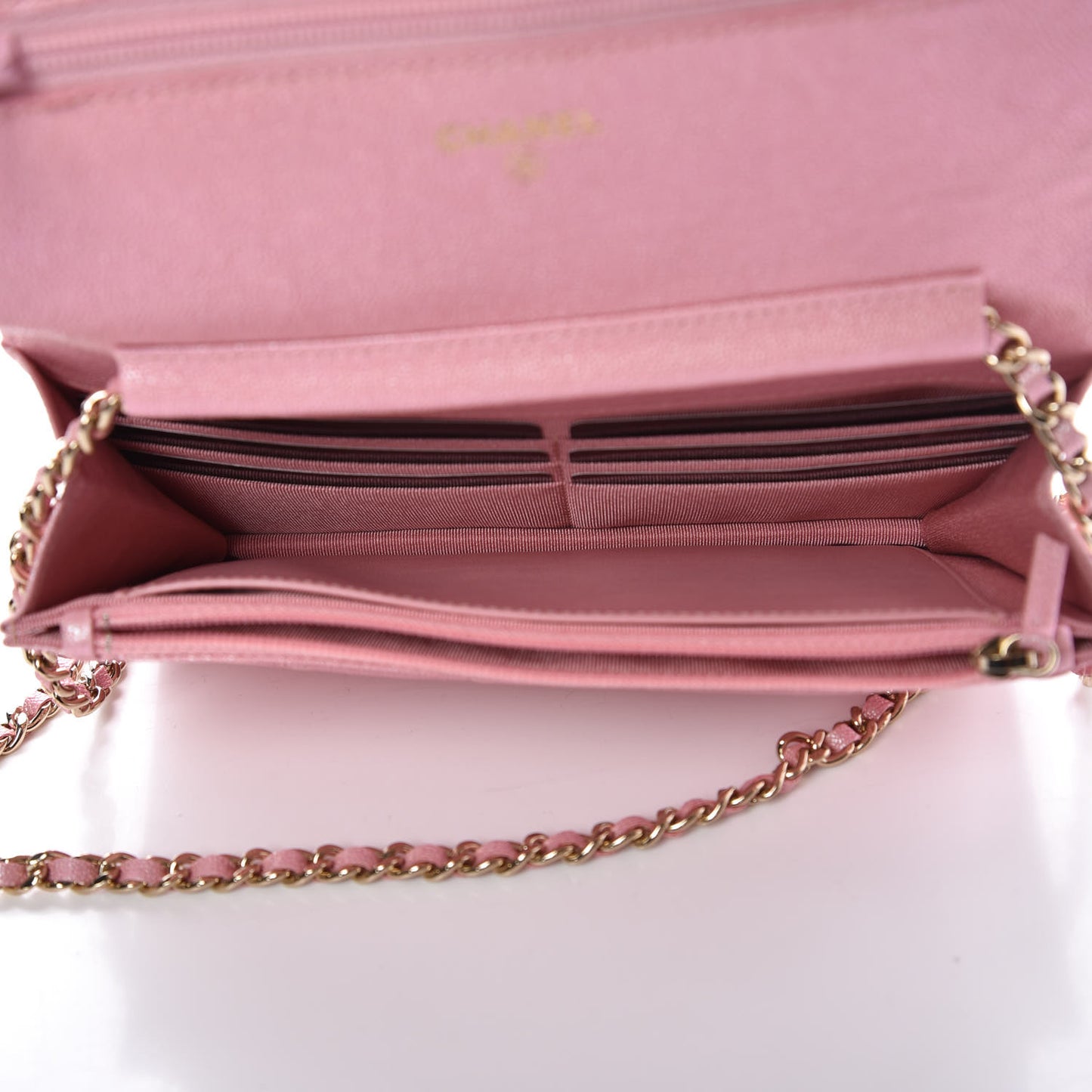 Iridescent Caviar Quilted Wallet on Chain WOC Rose Pink