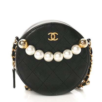 Chanel Goatskin Quilted Chic Pearls Chain Round Clutch With Chain Black 1 of 9