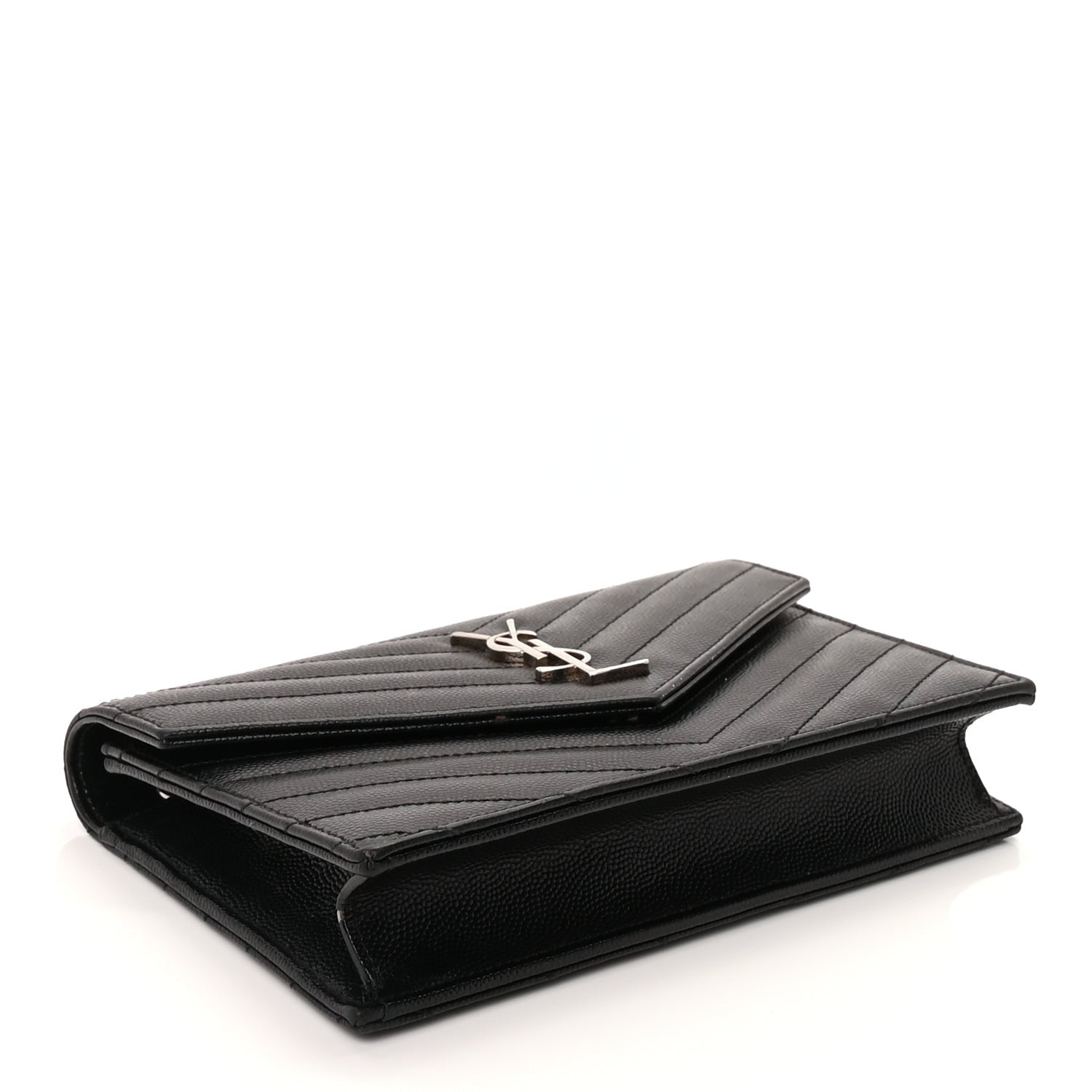 Saint Laurent Grain De Poudre Matelasse Chevron Monogram Envelope Chain Wallet Black 3 of 8