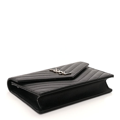 Saint Laurent Grain De Poudre Matelasse Chevron Monogram Envelope Chain Wallet Black 3 of 8