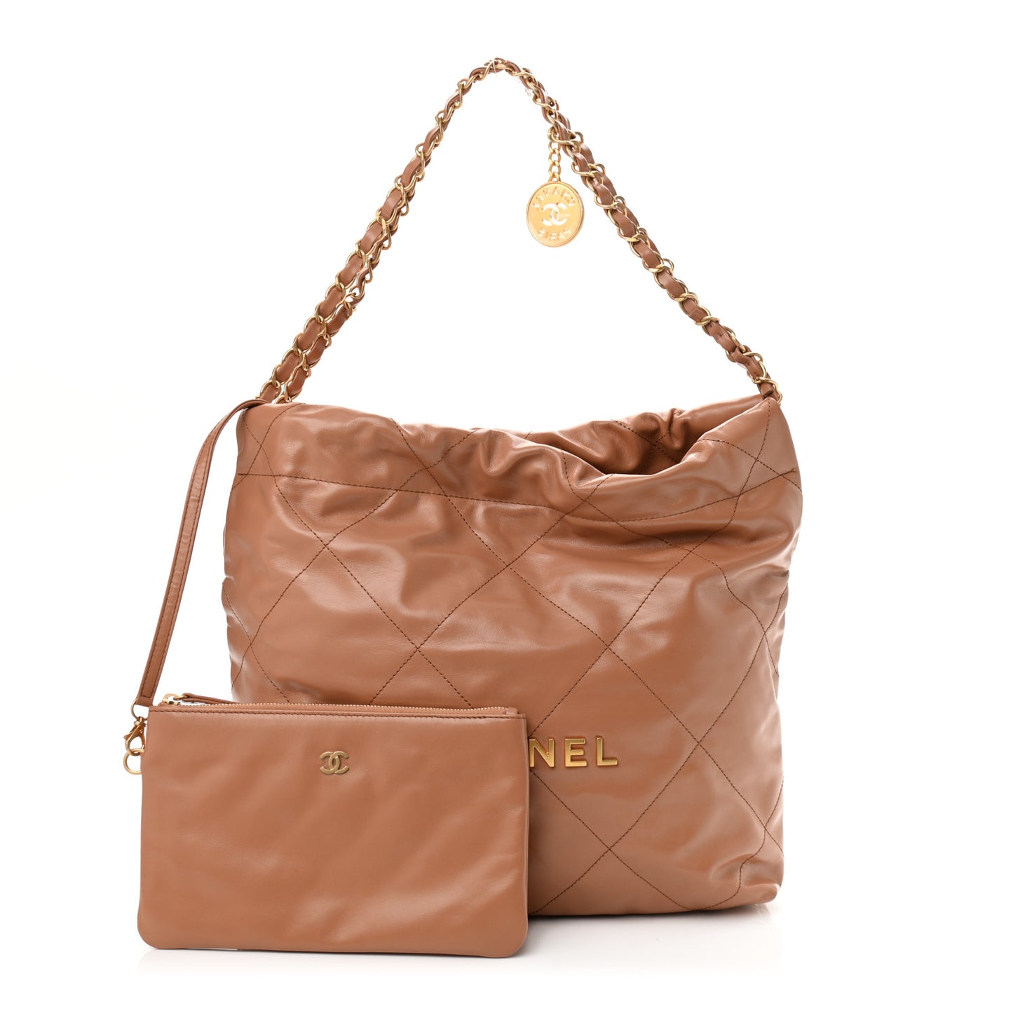 Shiny Calfskin Quilted Small Chanel 22 Camel