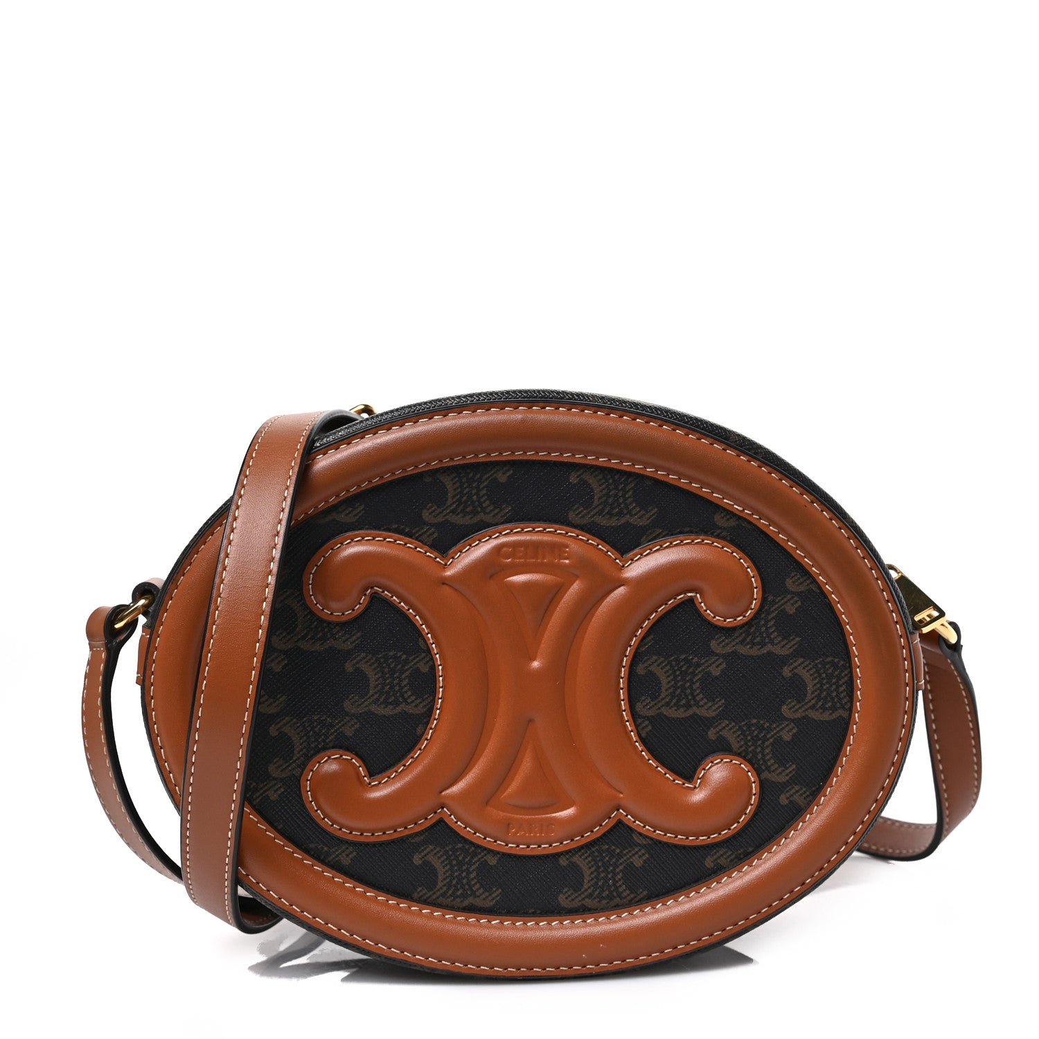 Celine Canvas Calfskin Cuir Triomphe Oval Purse Crossbody Tan 1 of 8