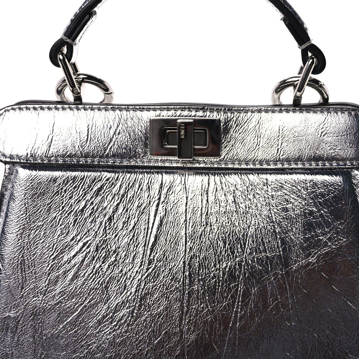 Metallic Calfskin Rock Millenium Petite Peekaboo I SEE U Iconic Satchel Argento