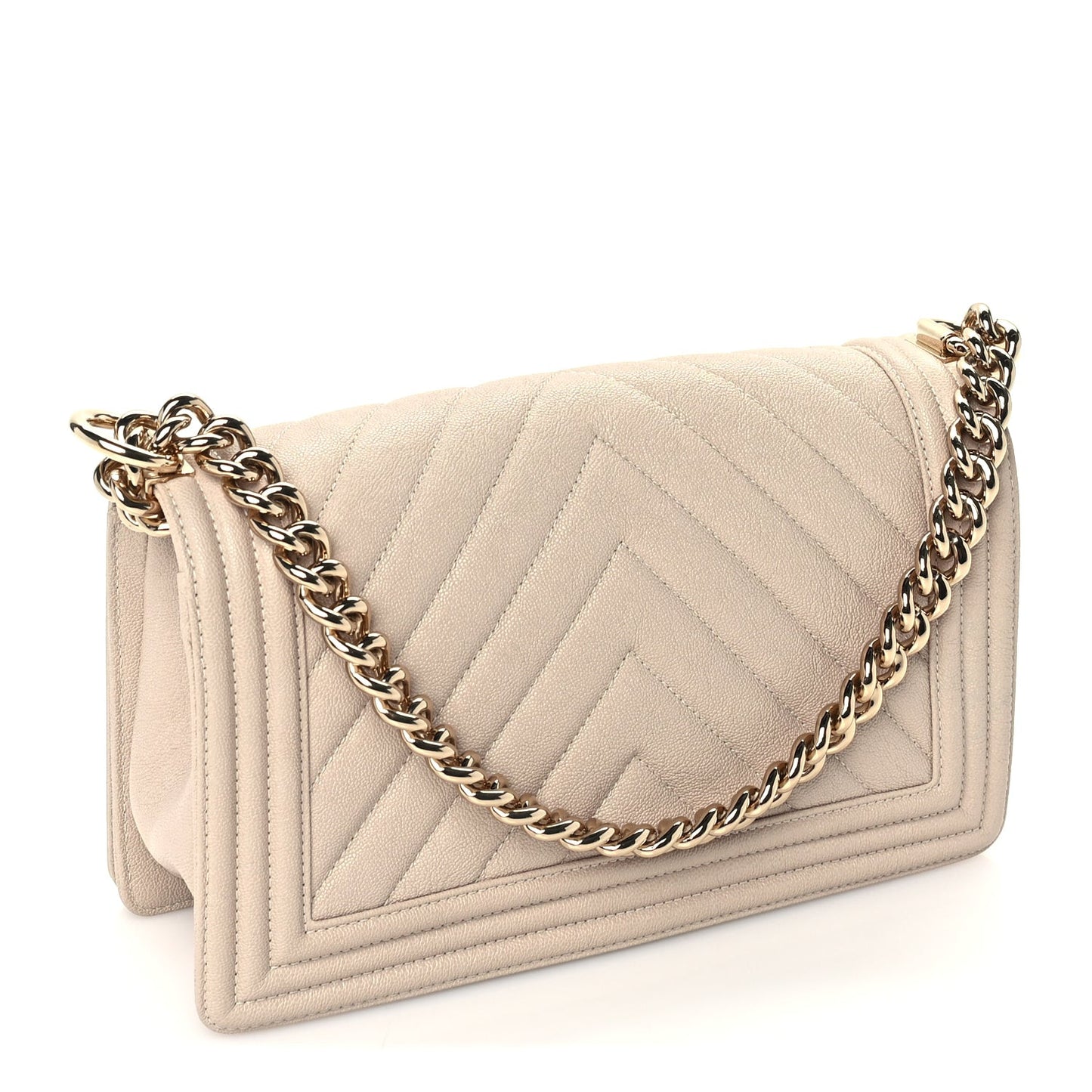 Caviar Chevron Quilted Medium Boy Flap Light Beige