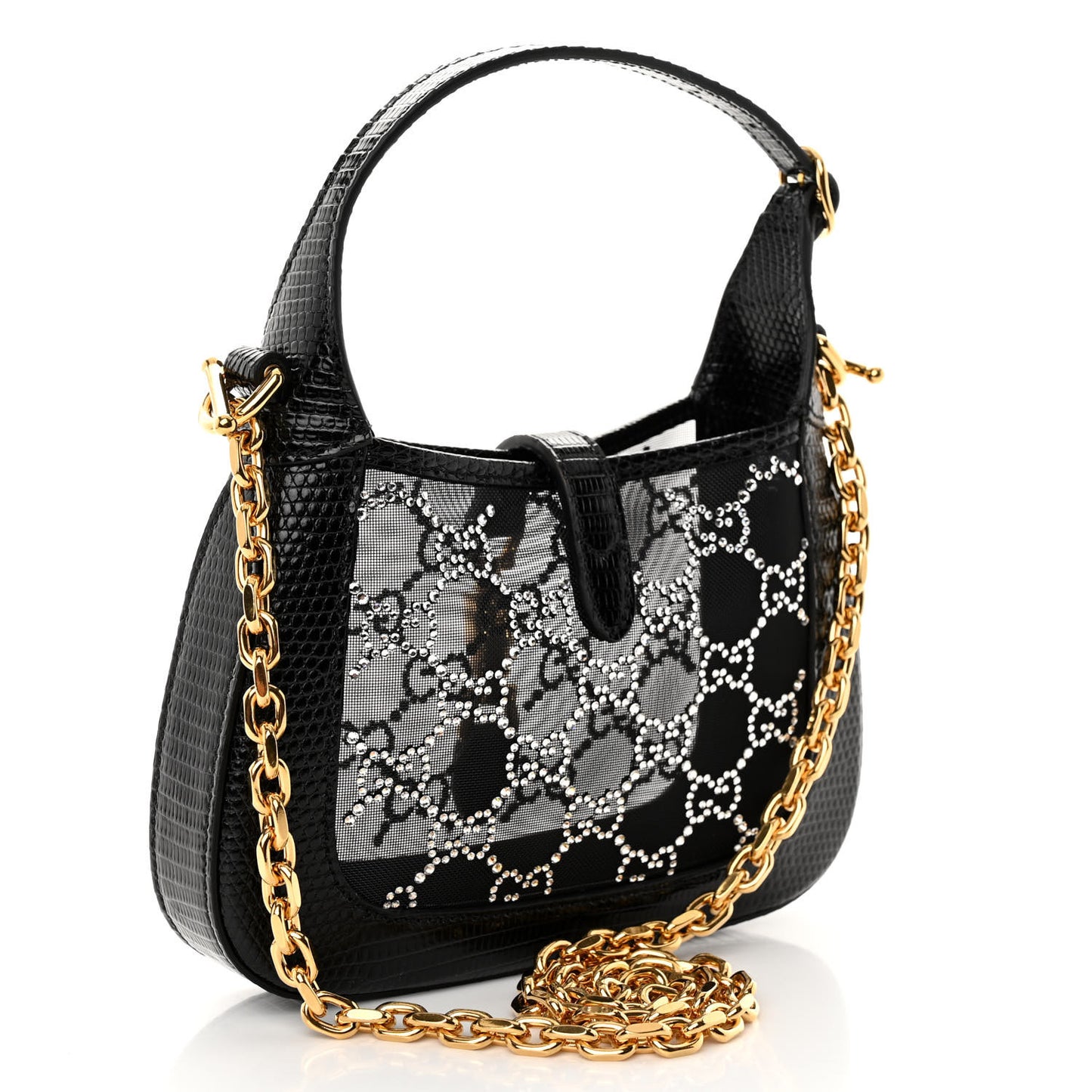 Lizard Mesh Crystal GG Monogram Mini Jackie 1961 Hobo Black