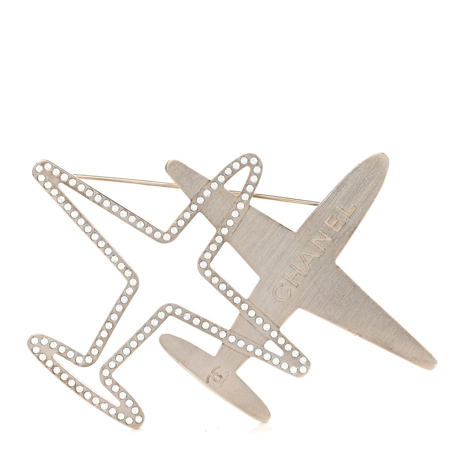 Chanel Crystal Metal CC Airplane Brooch Silver 1 of 5