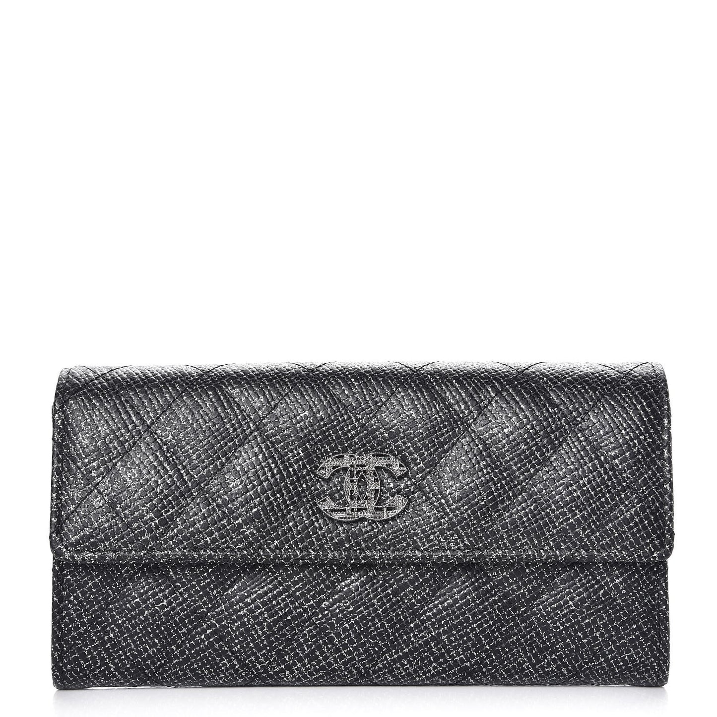 Glitter Calfskin Quilted Long Flap Wallet Black