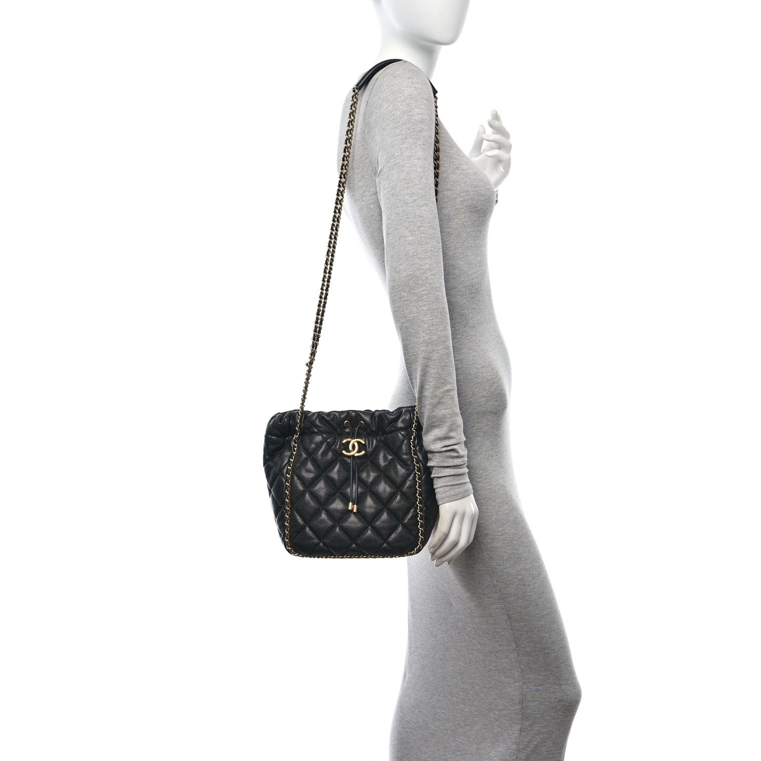 Chanel Caviar Quilted Chain Around Multi Chain Bucket Drawstring Bag Black 2 of 10