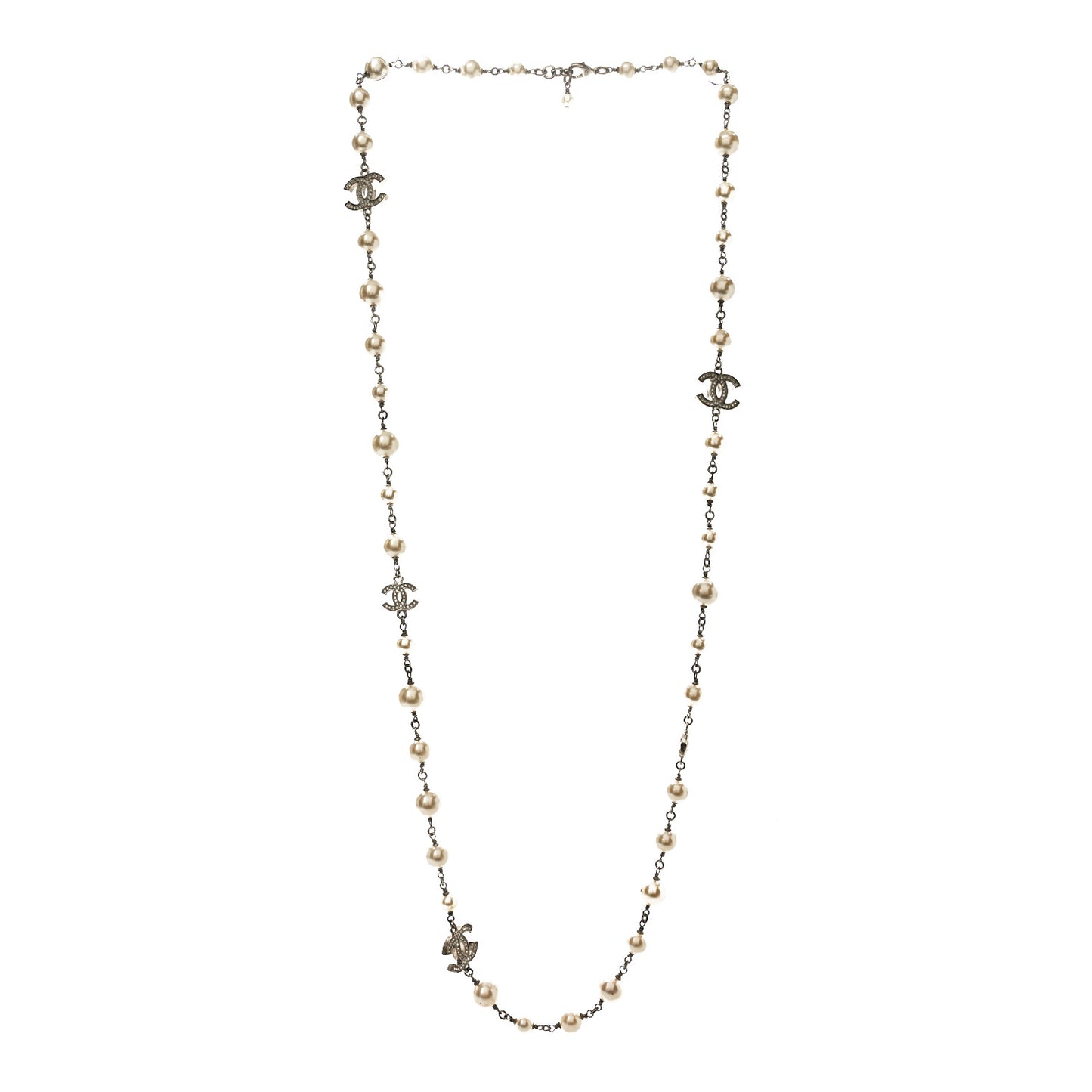 Crystal Pearl CC Long Necklace Silver