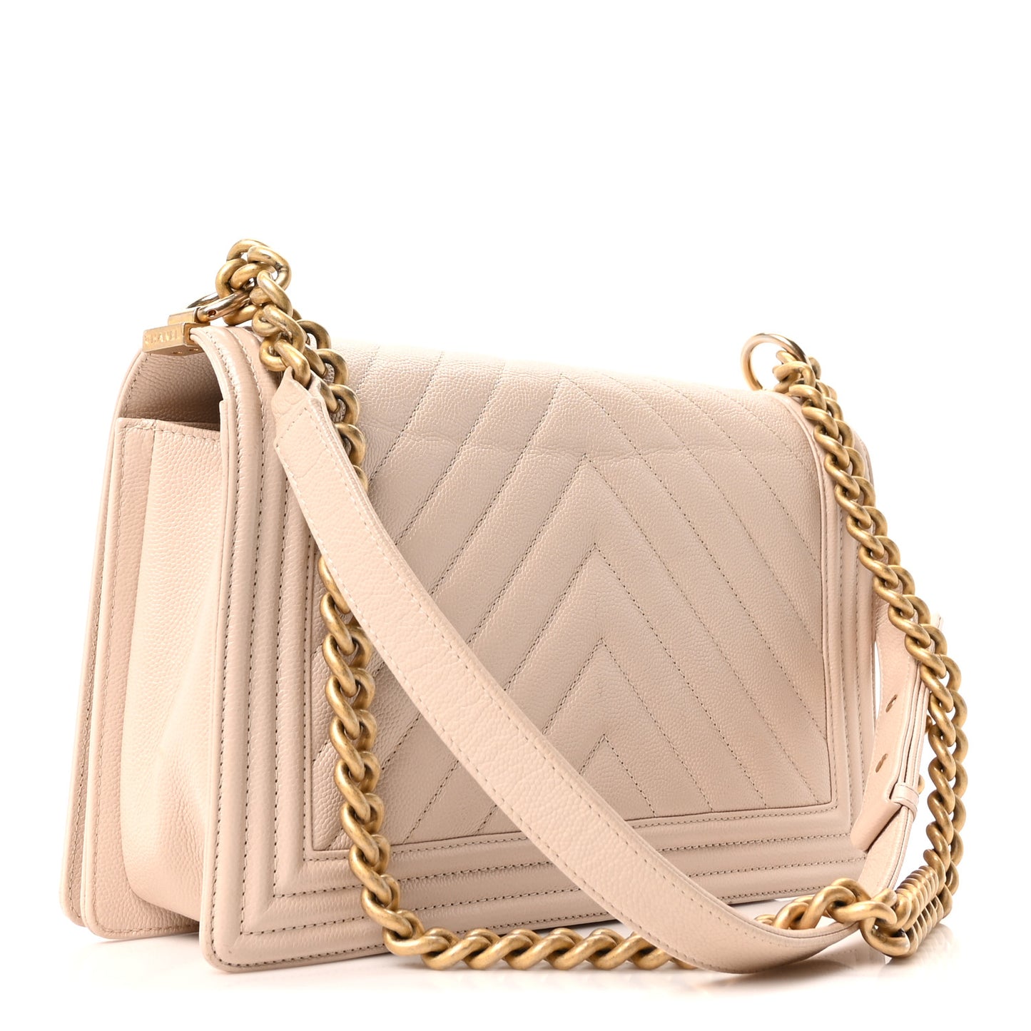 Caviar Chevron Quilted New Medium Boy Flap Beige