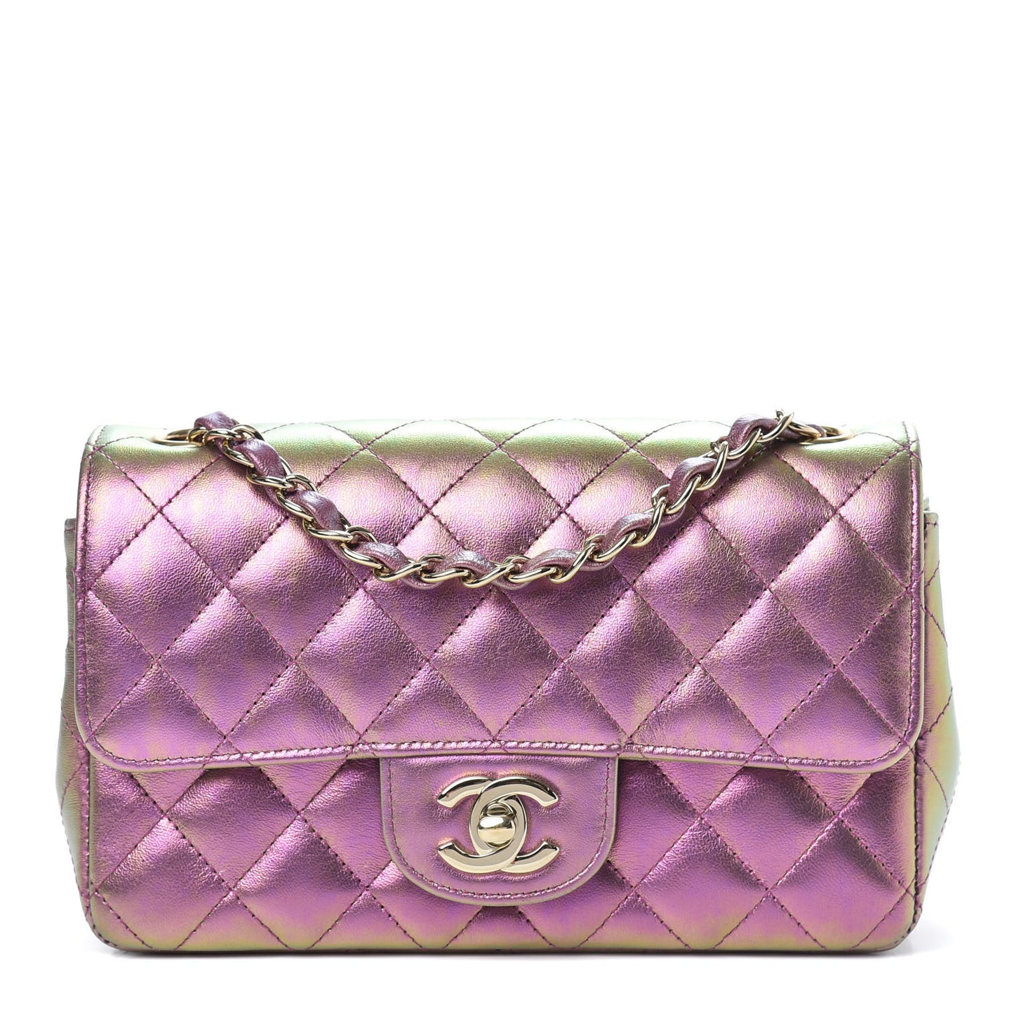 Iridescent Lambskin Quilted Mini Rectangular Flap Purple