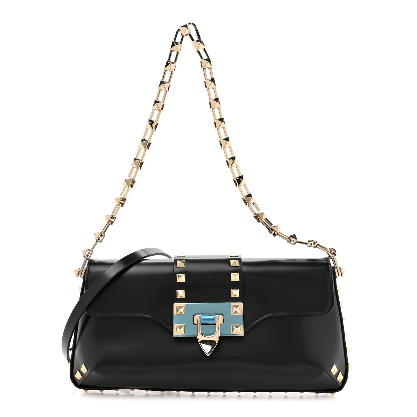 Brushed Calfskin Rockstud Flip Lock Chain Shoulder Bag Black