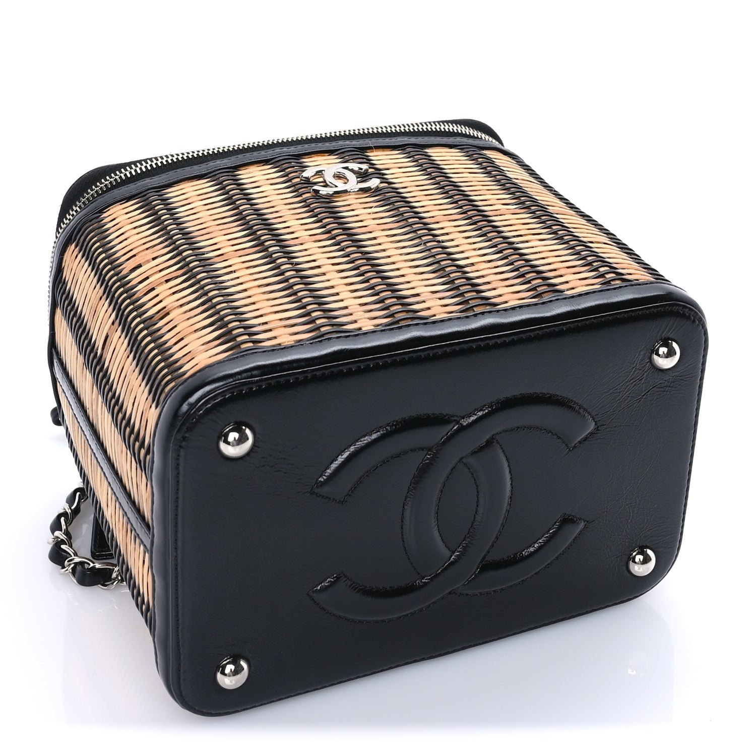 Chanel Glazed Calfskin Raffia Vanity Case Bag  Black Beige 4 of 10
