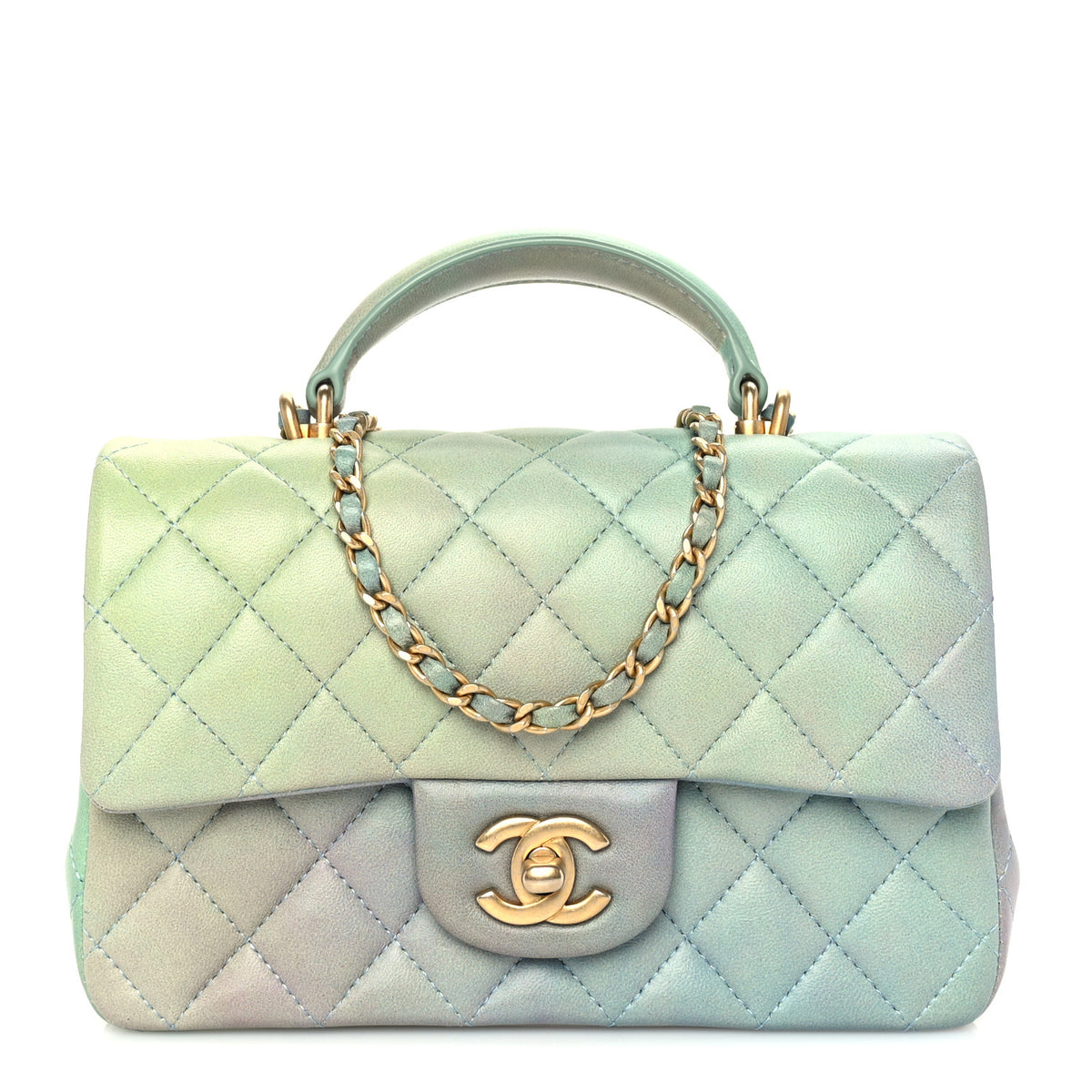Lambskin Quilted Ombre Mini Top Handle Rectangular Flap Blue Green